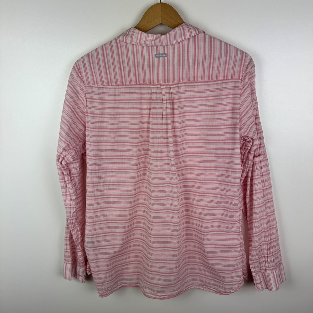 Columbia Pink Striped Shirt Large Roll Tab Lightweight Outdoors Coastal Hiking - Picture 4 of 8